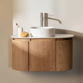 Carsone Houten Badkamermeubelset Natuurlijk Hout & Zonder Extra Eenheid & Rond Keramiek Wit Ø40 Cm Lenka & Spiegelloze & Geborsteld Grijs - Sklum