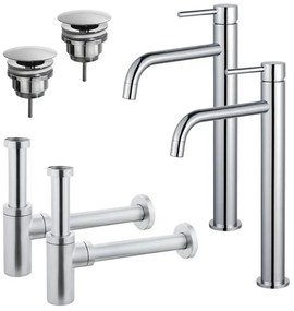 Fortifura Calvi Slim Wastafelkraanset - voor dubbele wastafel - verhoogde wastafelkraan - always open plug - design sifon - Chroom 2x SW377813/2x SW696209/2x SW696214