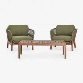 Tuinset Met 2 Stoelen Van Gevlochten Touw En Salontafel Van Acaciahout Karvia Acacia Bruin & Bouclé Saliegroen - Sklum