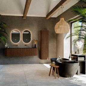 Mondiaz Kurve 170cm badmeubel ronding links/rechts walnut met 1 lade en 2 deuren en wastafel cloud dubbel zonder kraangat urban