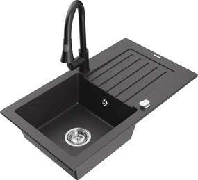 Mexen Pablo granieten gootsteen 1-komerig met afdruiprek en keukenmengkraan Elia, zwart gespikkeld - 6510-76-670101-70