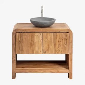 Vacry Houten Badkamermeubelset Acacia Bruin & Rond Grijs Cement Ø40 Cm Tarsis & Spiegelloze & Geborsteld Grijs ↑30 Cm Met Aftapkraan Zonder Overloop O