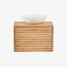 Deleyna Zwevend Houten Badkamermeubelset Natuurlijk Hout & Rond Cement Wit Ø40 Cm Zavion & Spiegelloze & Zonder Kraan - Sklum