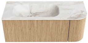 Mondiaz Kurve-dlux 115cm badmeubel ronding rechts oak met 1 lade en deur en wastafel big small kraangat links frappe