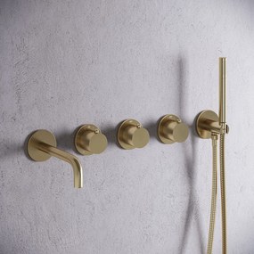 Saniclear Plus Curved inbouw badkraan met 20cm uitloop en staafhanddouche geborsteld messing - mat goud