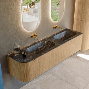 Mondiaz Kurve-dlux 175cm badmeubel ronding links oak met 2 lades en 1 deur en wastafel stor small dubbel/rechts zonder kraangat lava
