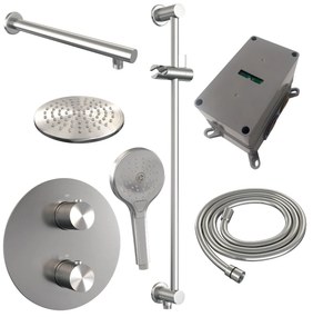 Brauer Brushed Carving thermostatische inbouw regendouche met 3 standen handdouche, rechte muurarm, glijstang en hoofddouche 20cm set 91 RVS geborsteld PVD