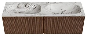 Mondiaz Kurve-dlux 140cm badmeubel walnut met 2 lades en wastafel stor small dubbel 2 kraangaten glace