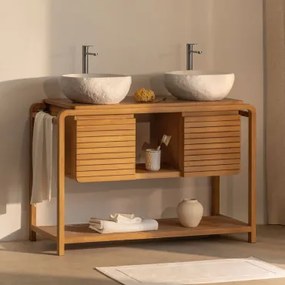Bradley Teakhouten Badkamermeubelset 2 X Onregelmatige In Wit Cement ↔︎40 Cm Fedro & Spiegelloze & 2 X Geborsteld - Sklum