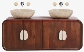 Dubbel Zwevend Badkamermeubelset 130x45 Cm Van Mangohout En Natuurlijke Kivalina-steen Travertijn - Donker Mangohout & 2 X Ronde Travertijn Ø40 -
