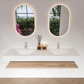 Zaro Alan badmeubel 160cm met planchet washed oak en vrijhangende wastafel cloud dubbel 2 kraangaten talc
