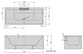 Polysan Monolith Cascata links half vrijstaand bad met RVS waterval uitloop 180x80cm