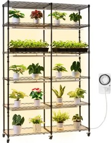 VEVOR plantenrek met kweeklamp, 6-laags, dubbele laag plantenstandaard voor binnen met wielen en timer, 200W full-spectrumlampen, bloemenrek voor zaaien, 120x35x180cm