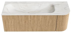 Mondiaz Kurve-dlux 125cm badmeubel ronding rechts oak met 1 lade en deur en wastafel big medium kraangat links ostra