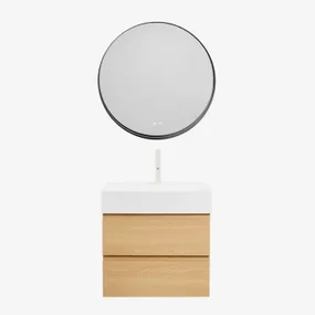 Badkamermeubelset Van Hout En Essenhoutfineer Met Geïntegreerde Wastafel Ona Natuurlijk Hout & Round Led And Antifog Zwart Ø80 Cm Kimacs - Sklum