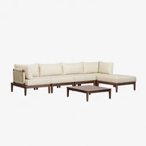 Tuinset Met Modulaire 4-delige Bank Met 2 Hoekfauteuils, Salontafel En Poef In Acacia Giulia Beige – Crème - Sklum