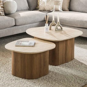 Salontafelset Travertin En Hout - 85 X 79cm.