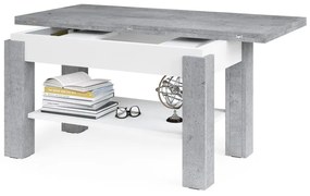 BRAVO beton / wit - salontafel met plank, OPKLAPBAAR VERHOOGD