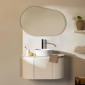 Carsone Houten Badkamermeubelset Wit & Zonder Extra Eenheid & Rond Keramiek Wit Ø40 Cm Lenka & Ovaal Led En Anticondens 100x80 Cm Meunier - Sklum