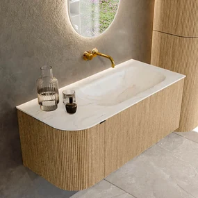 Mondiaz Kurve-dlux 105cm badmeubel ronding links oak met 1 lade en deur en wastafel big small rechts zonder kraangat ostra