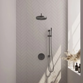 Brauer Stripe inbouw regendouche rond met 25cm hoofddouche, rond met gebogen muurarm, glijstang en staafhanddouche set 44 gunmetal geborsteld PVD