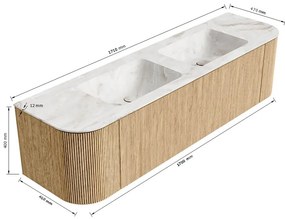 Mondiaz Kurve-dlux 170cm badmeubel ronding links/rechts oak met 1 lade en 2 deuren en wastafel leaf dubbel 2 kraangaten lava