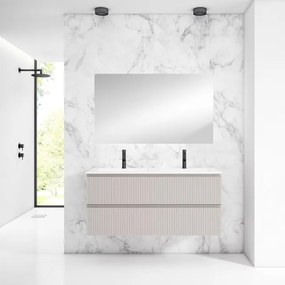 Saniclass Prime Blend Badkamermeubelset - 120x55x46cm - 2 ovale keramische wasbakken wit - 2 kraangaten - 2 lades - rechthoekige spiegel - mat cotton (beige) SW928336/SW718719/SW724613