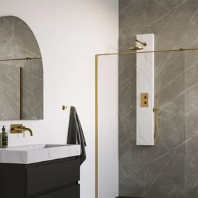 BRAUER Gold Edition thermostatisch douchepaneel - 2 functies - calacatta gold SET 01 - 20cm hoofddouche - gebogen muurarm - staaf handdouche - wandaansluitbocht - doucheslang - goud geborsteld PVD 5-GG-154