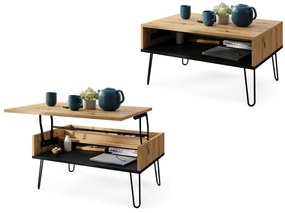 HAIRPIN S-90 EiK Artisan/Zwart Mat - MODERNE KOFFIETAFEL MET OPKLAPBARE TAFEL + OPBERGVAK + PLANK