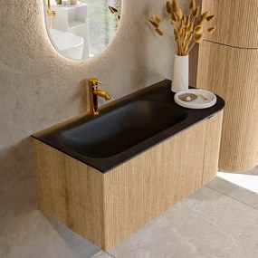 Mondiaz Kurve 95cm badmeubel ronding rechts oak met 1 lade en deur en wastafel big small kraangat links urban