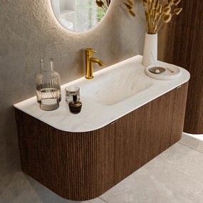 Mondiaz Kurve-dlux 100cm badmeubel ronding links/rechts walnut met 1 lade en 2 deuren en wastafel grunne midden 1 kraangat opalo