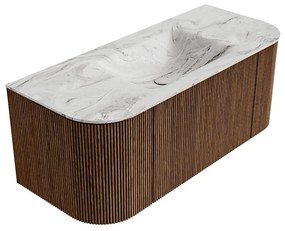 Mondiaz Kurve-dlux 110cm badmeubel ronding links/rechts walnut met 1 lade en 2 deuren en wastafel cloud midden 1 kraangat glace