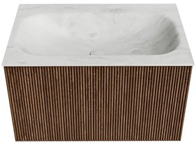 Mondiaz Kurve-dlux 70cm badmeubel walnut met 1 lade en wastafel big small midden 1 kraangat opalo