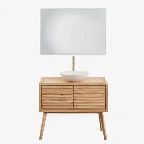 Deleyna Houten Badkamermeubelset Natuurlijk Hout & Rond Cement Wit Ø40 Cm Zavion & Rechthoekige Led En Anticondens 100x70 Cm Riben - Sklum