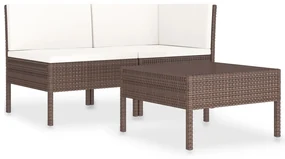 vidaXL 3-delige Loungeset met kussens poly rattan bruin