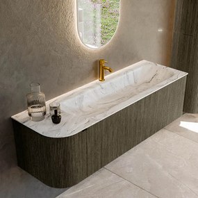 Mondiaz Kurve-dlux 145cm badmeubel ronding links shadow met 1 lade en deur en wastafel big large kraangat rechts glace