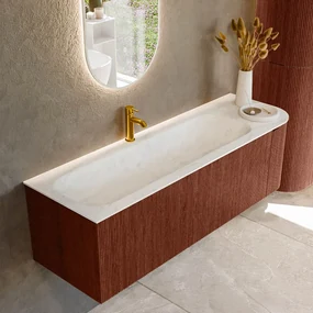 Mondiaz Kurve-dlux 145cm badmeubel ronding rechts ruby met 1 lade en deur en wastafel big large kraangat links opalo