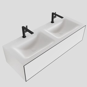 Zaro Lagom volledig naadloos solid surface onderkast 120cm mat zwart met 1 lade Push tot open. Compleet met solid surface wastafel met 2 kraangat(en)