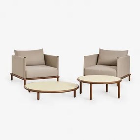 Tuinset Met 2 Fauteuils En 2 Ronde Salontafels Van Acaciahout Olivia Beige - Semoline & Donker Acaciabruin - Sklum