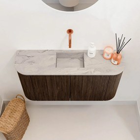 Mondiaz Joya DLux 85cm toiletmeubel ronding links/rechts walnut met wastafel faye midden zonder kraangat glace