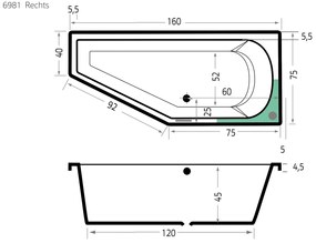 Xenz Lagoon Compact badkuip rechts 160x75x40cm pergamon