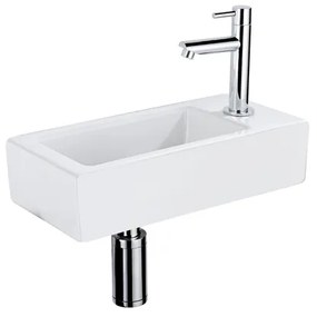QeramiQ Fuente Fonteinset - 37.5x18.5x9cm - keramiek - kraangat rechts - fonteinkraan chroom - afvoerplug - verlaagd sifon - Mat wit SW1122446/SW696209/SW696219/SW696234