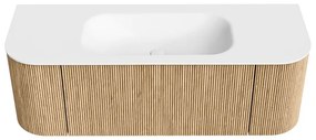 Mondiaz Kurve 130cm badmeubel ronding links/rechts oak met 1 lade en 2 deuren en wastafel big small midden 1 kraangat