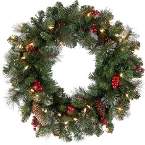 Verlichte kerstkrans"Glittery Silver Crestwood"- groen - Diameter 61 cm - 50 warm witte ledlampjes - met deco&amp;glitter