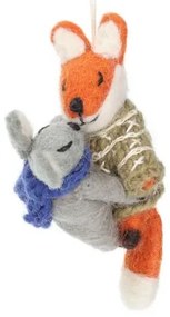 Kersthanger, knuffelende vos en muis, vilt