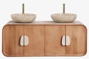 Dubbel Zwevend Badkamermeubelset 130x45 Cm Van Mangohout En Natuurlijke Kivalina-steen Travertijn - Mangohout & 2 X Ronde Travertijn Ø40 Cm Eskel -