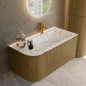 Mondiaz Kurve-dlux 95cm badmeubel ronding links dusk met 1 lade en deur en wastafel big small kraangat rechts glace