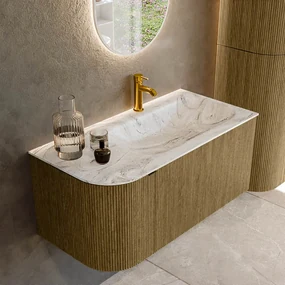 Mondiaz Kurve-dlux 95cm badmeubel ronding links dusk met 1 lade en deur en wastafel big small kraangat rechts glace