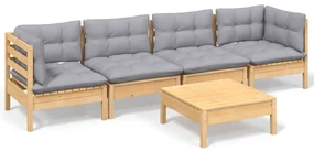 vidaXL 5-delige Loungeset met grijze kussens massief grenenhout