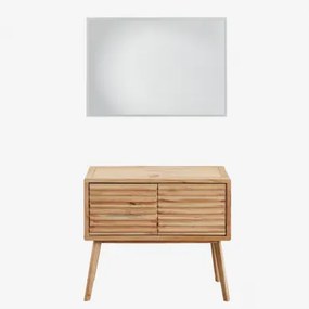 Badkamermeubelset 90x45 Cm In Hout Deleyna Natuurlijk Hout & Zonder Wastafel & Rechthoekige Led En Anticondens 100x70 Cm Riben & Zonder Kraan - Sklum